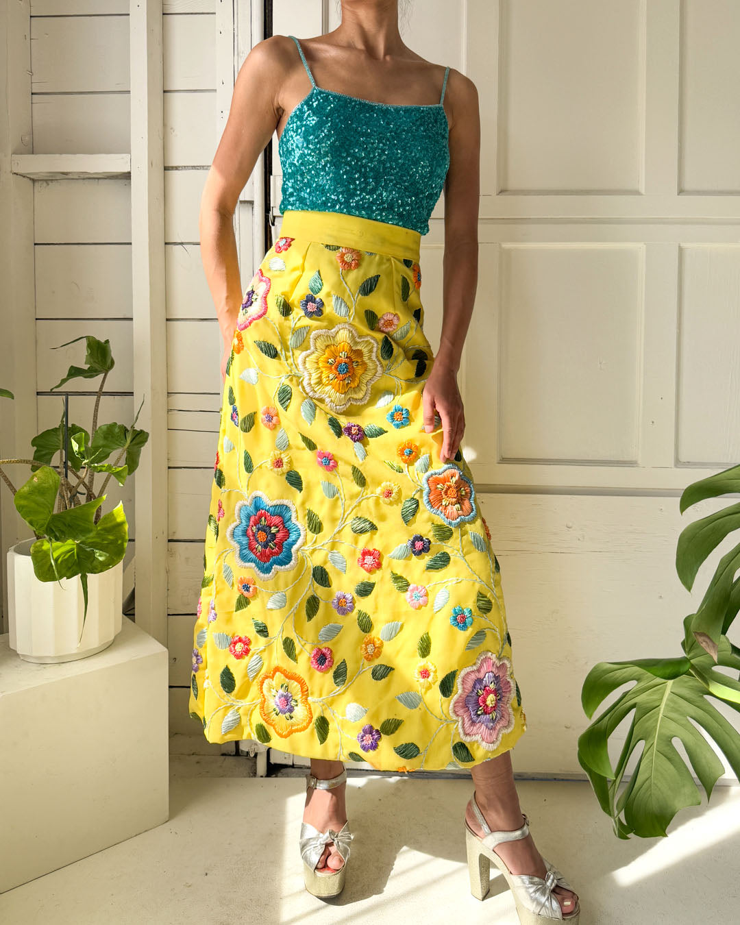 60s Floral Raffia Skirt | XS