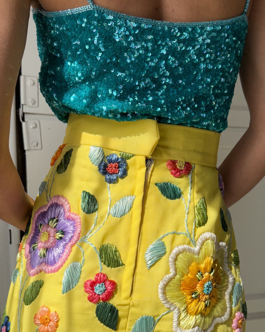 60s Floral Raffia Skirt | XS