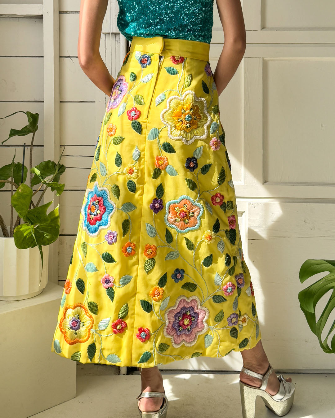 60s Floral Raffia Skirt | XS