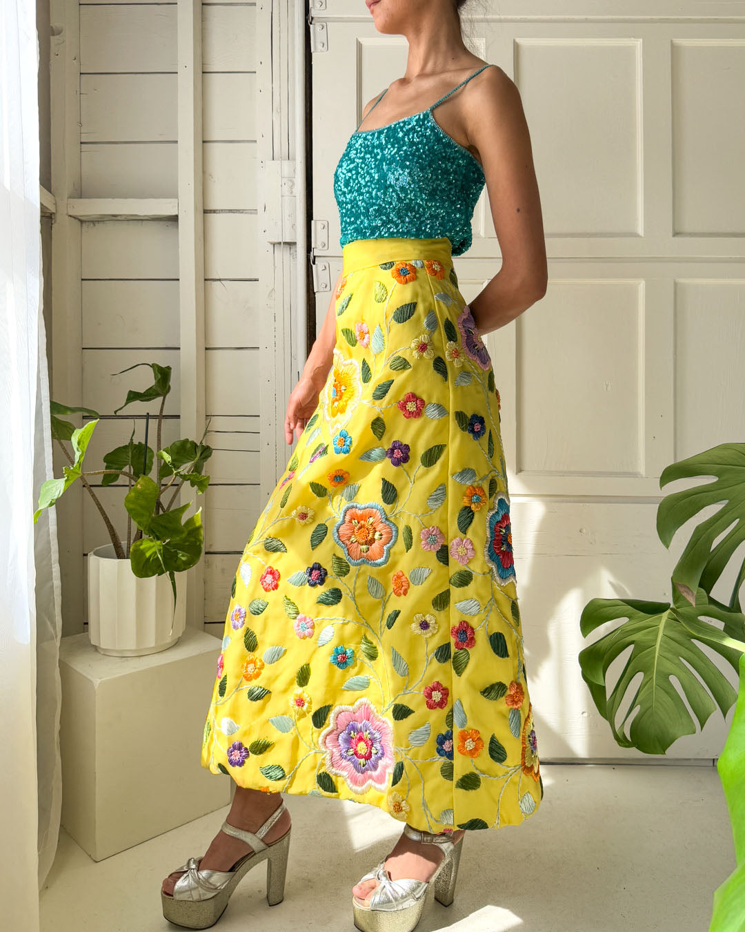 60s Floral Raffia Skirt | XS