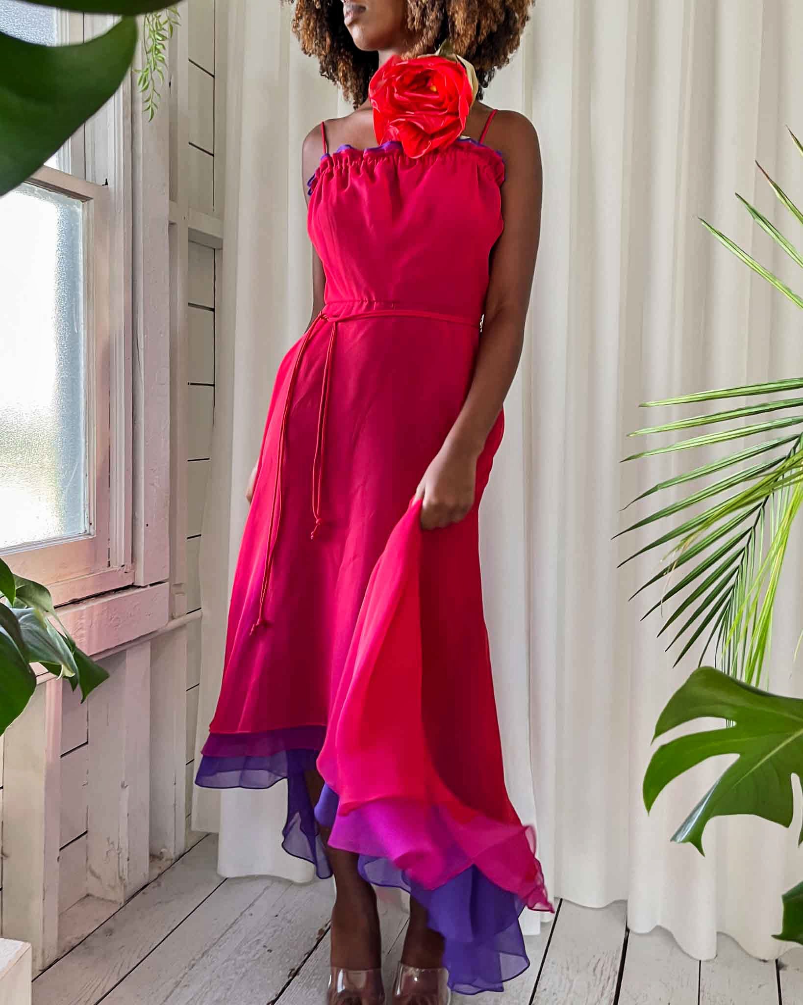 70s chiffon dress 70s Striped Chiffon Gown With Optional Tie Waist