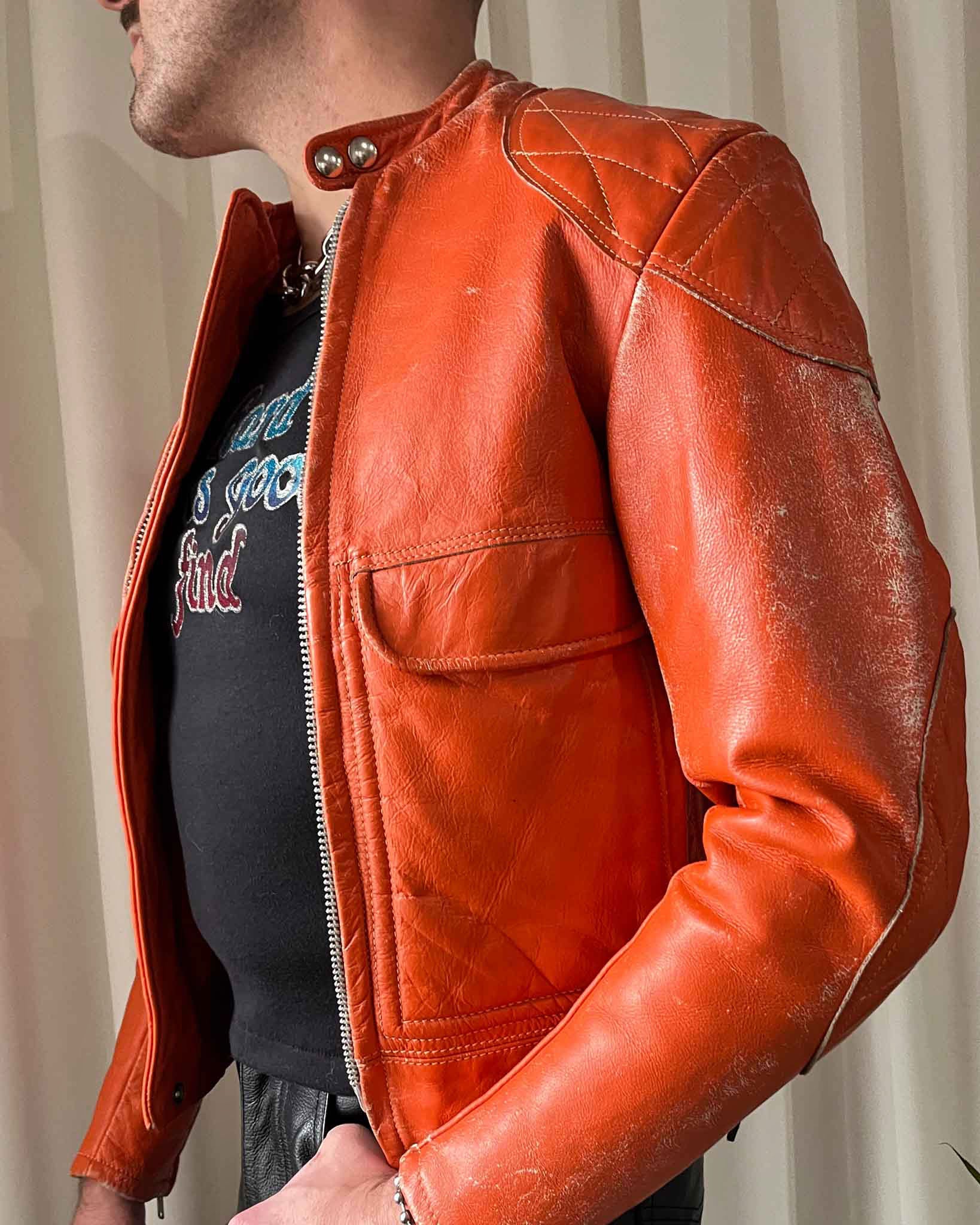 70s Orange Leather Moto Jacket