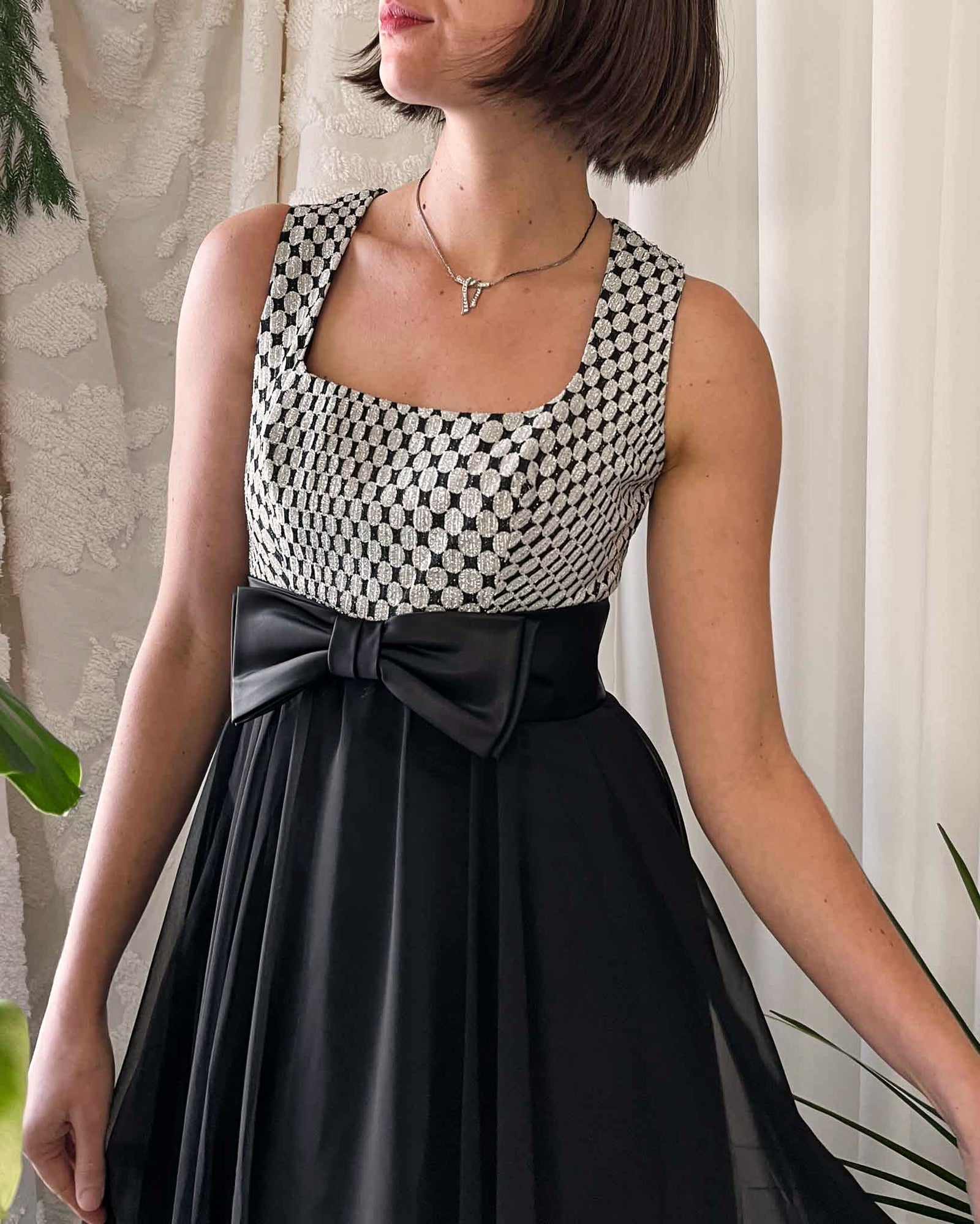 60s Metallic Silver & Chiffon Dress | S