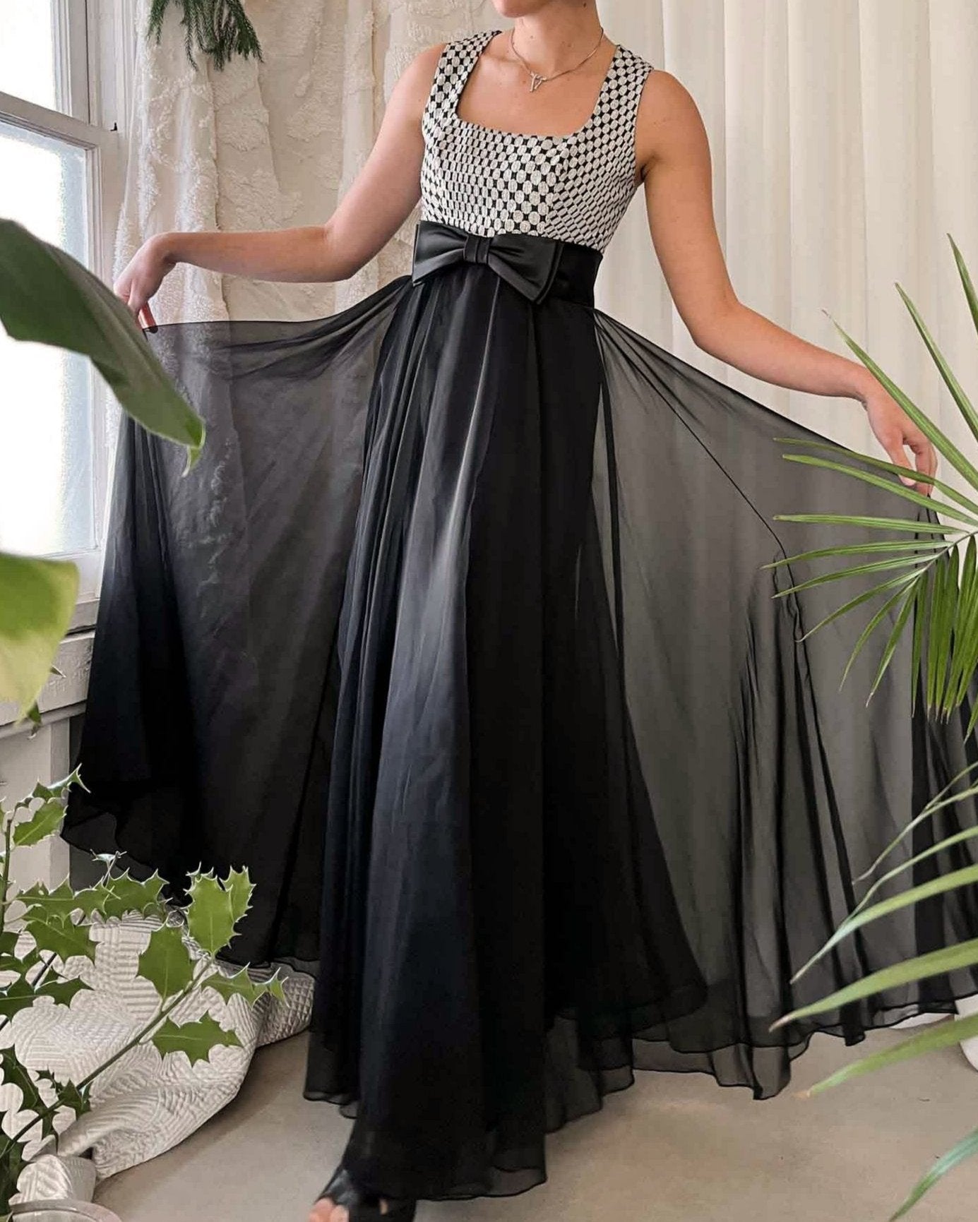 60s Metallic Silver & Chiffon Dress | S