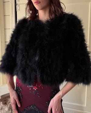 70s Black Marabou Feather Jacket | S-M