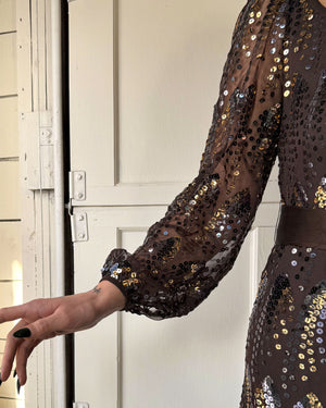 70s Adele Simpson Copper Sequin Gown | M