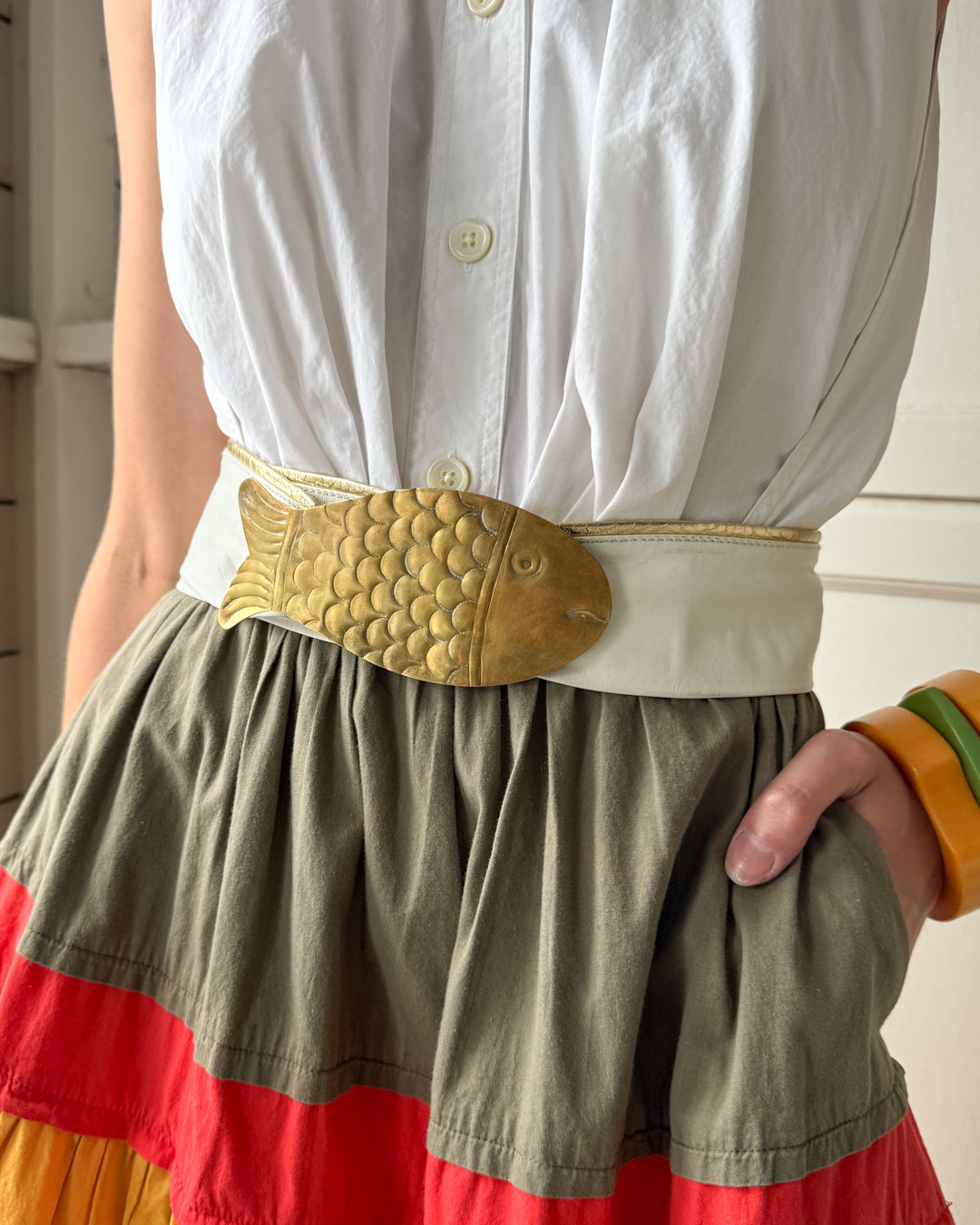 70s White Leather Fish Belt