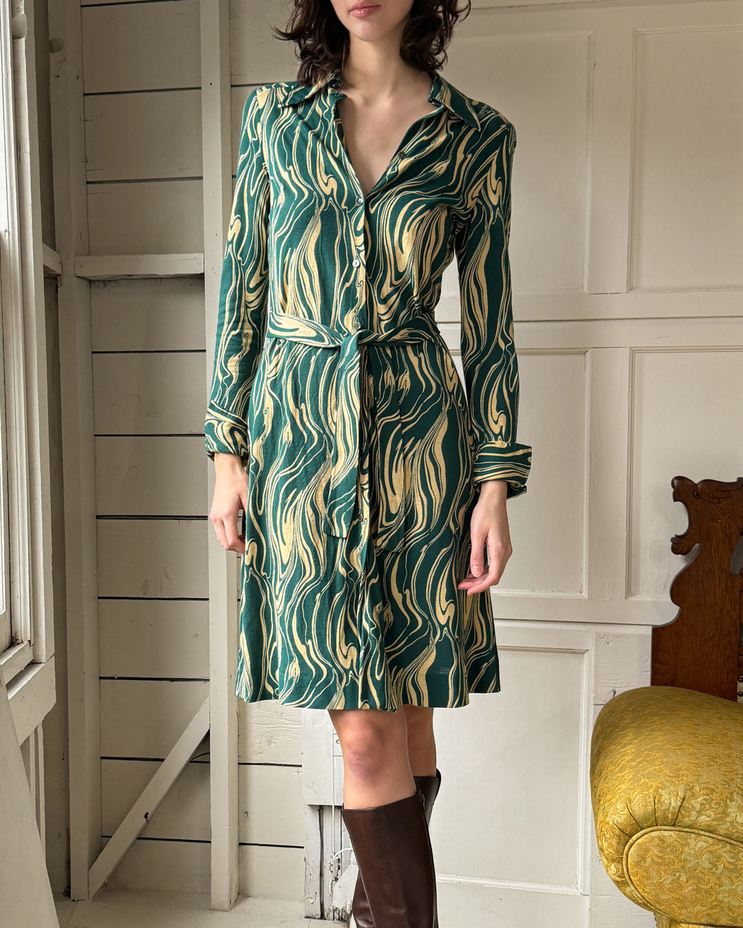 70s DVF Marble Print Belted Dress | S