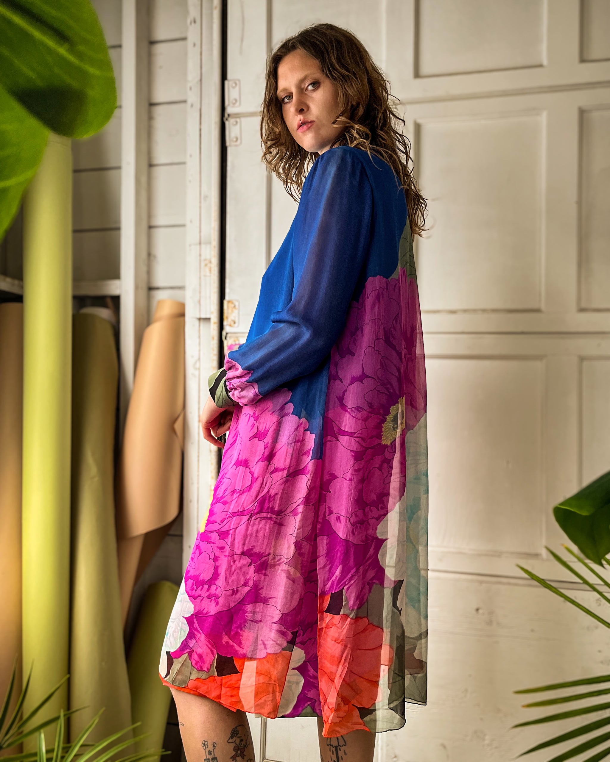 70s Hanae Mori Floral Silk Dress | L