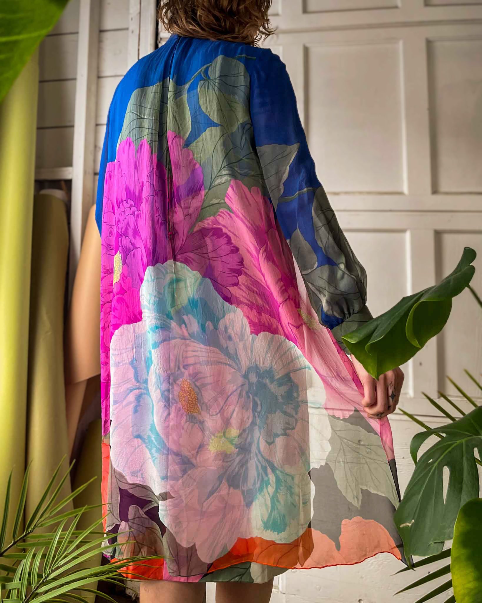 70s Hanae Mori Floral Silk Dress | L
