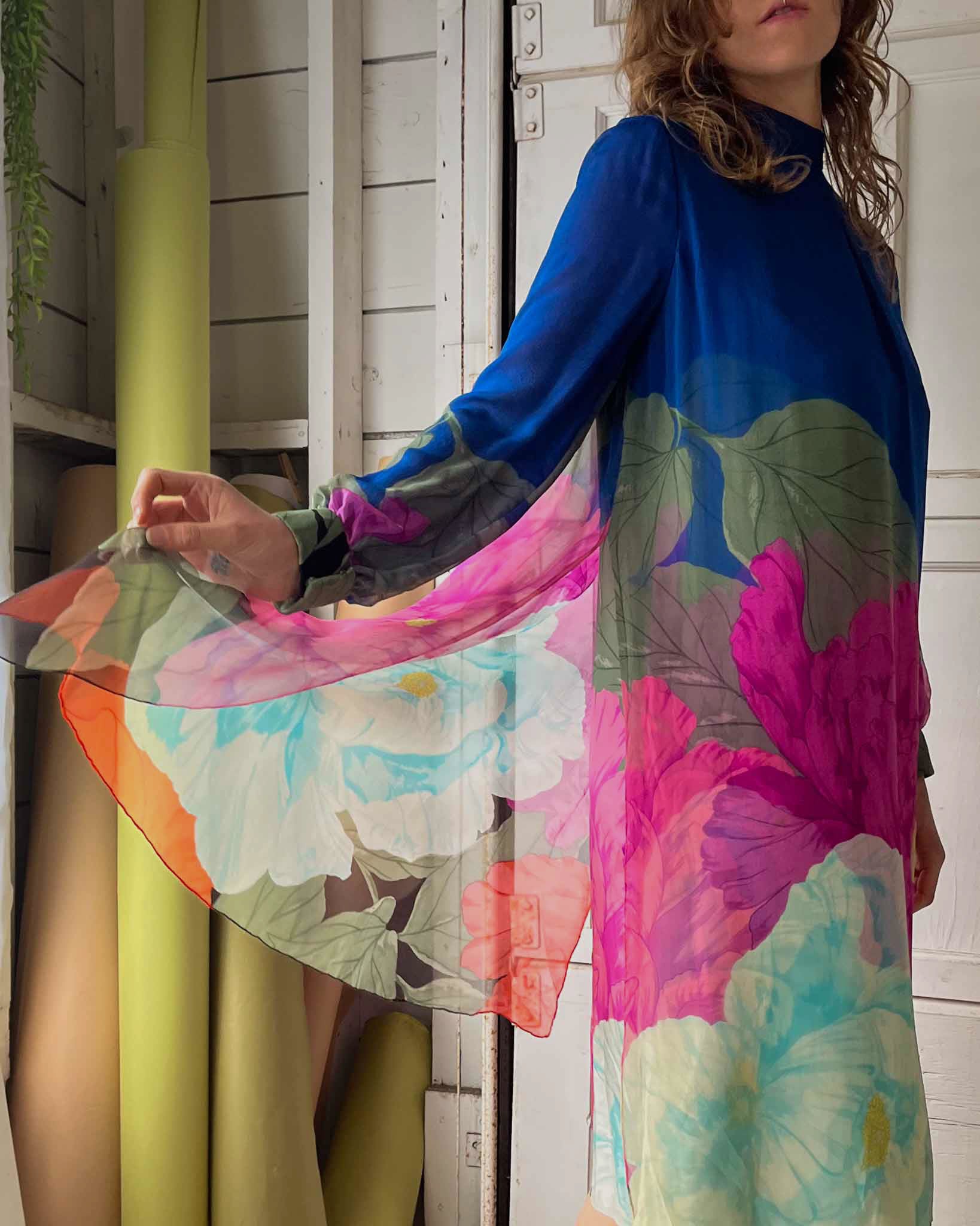 70s Hanae Mori Floral Silk Dress | L