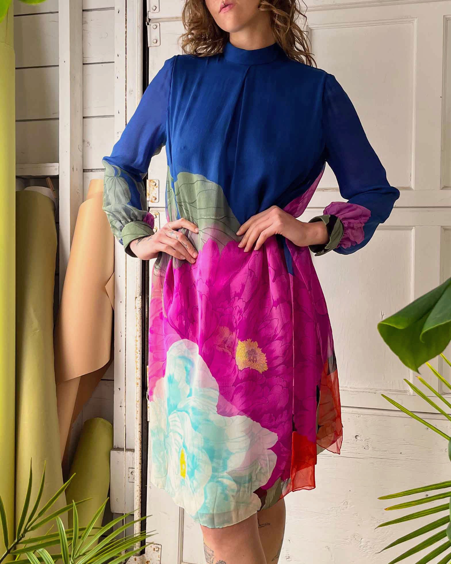 70s Hanae Mori Floral Silk Dress | L