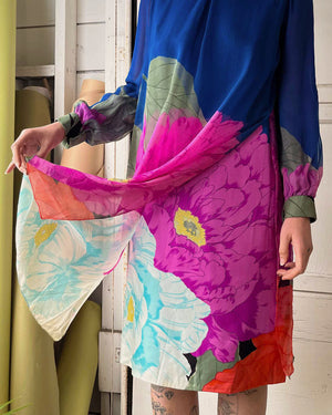 70s Hanae Mori Floral Silk Dress | L