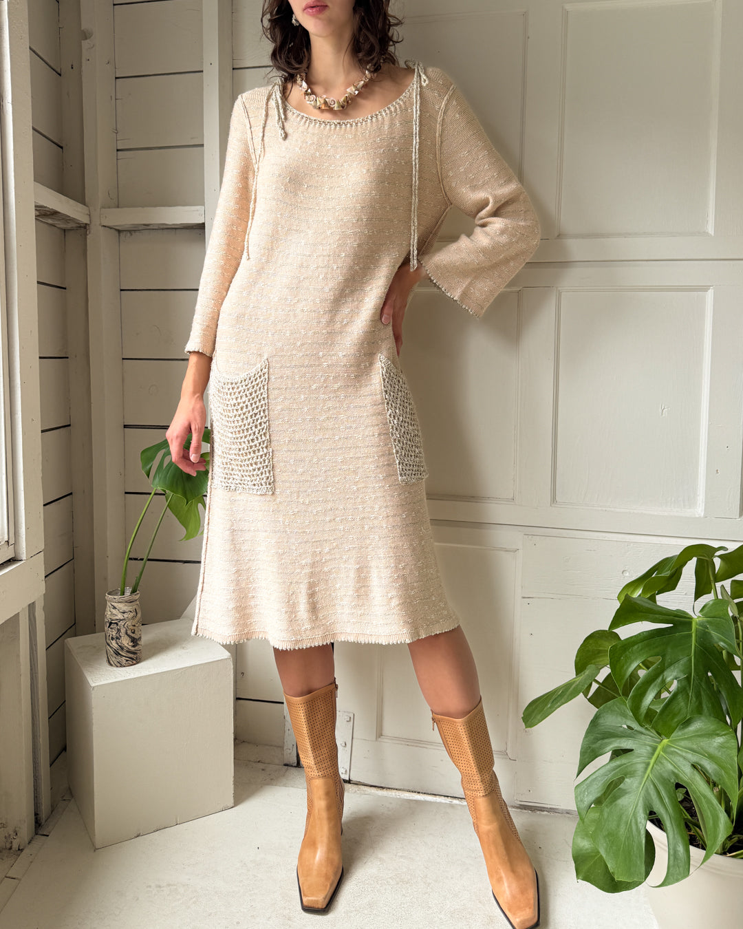 70s Scottish Linen Knit Dress | M