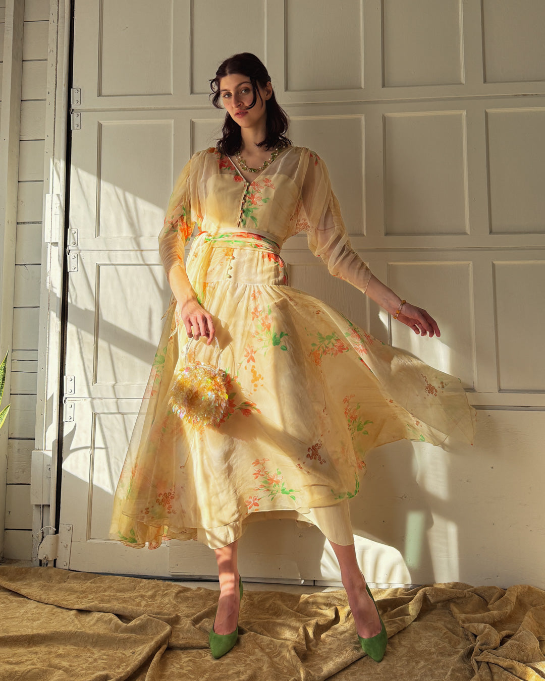 70s Travilla Floral Silk Dress | S