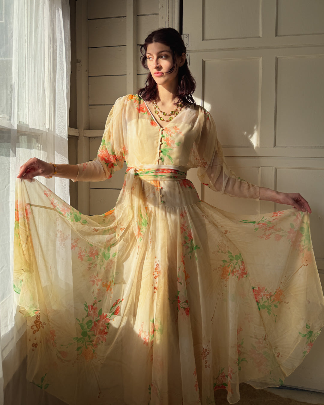 70s Travilla Floral Silk Dress | S