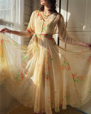70s Travilla Floral Silk Dress | S