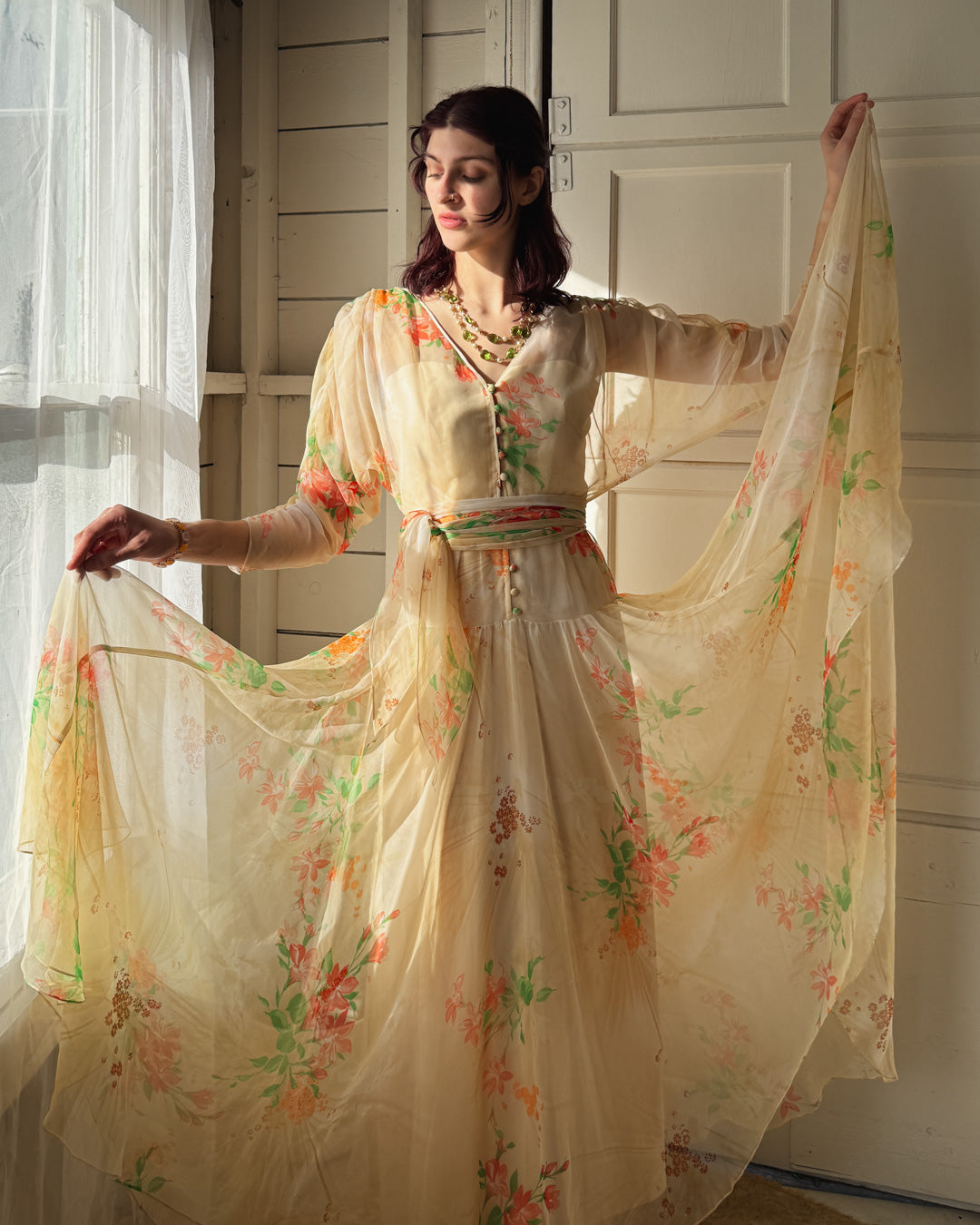 70s Travilla Floral Silk Dress | S