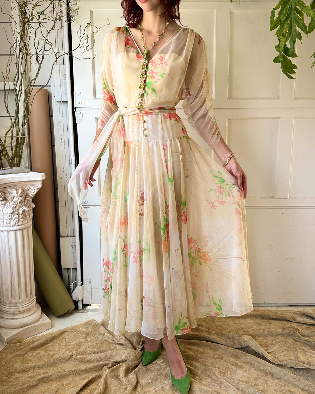 70s Travilla Floral Silk Dress | S
