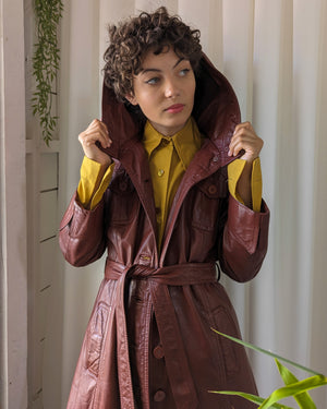 70s Belted Leather Trench with Hood