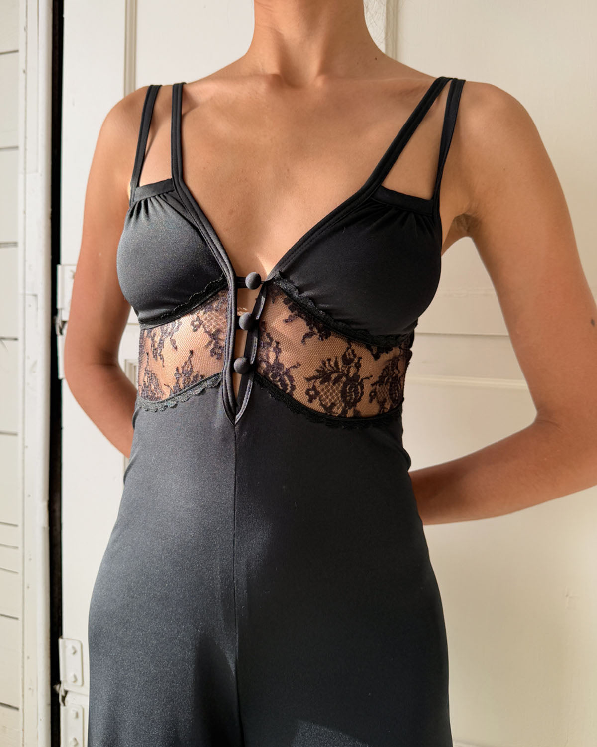 70s Black Palazzo Jumpsuit | XS