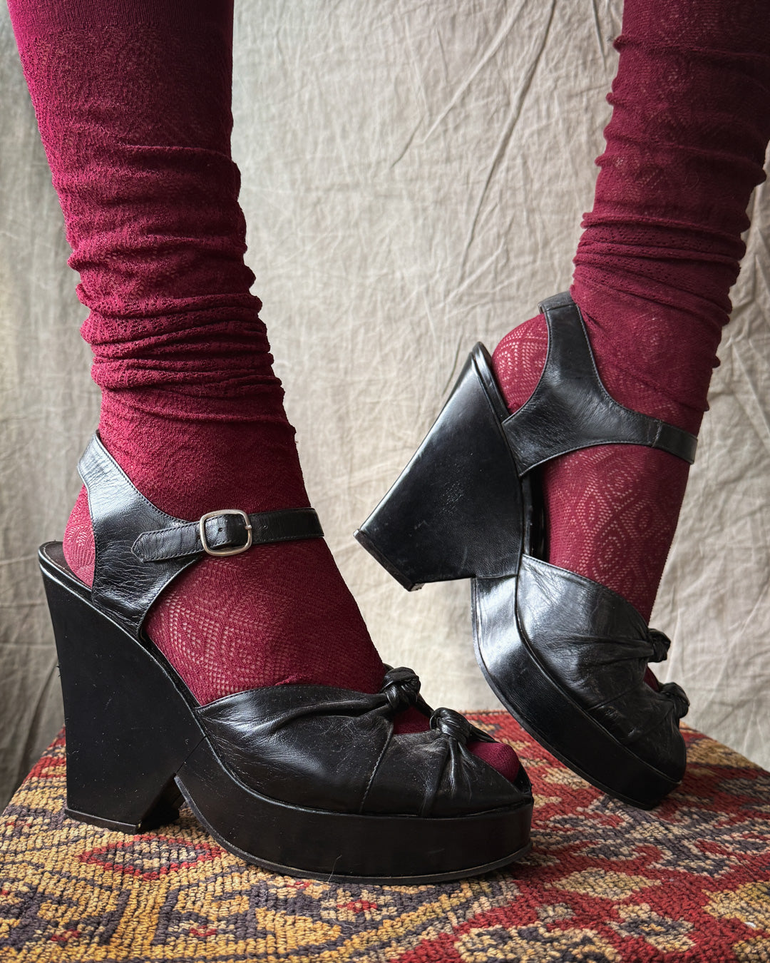 70s Black Leather Platforms | 10