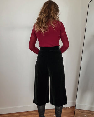 70s Black Velvet Culottes | M