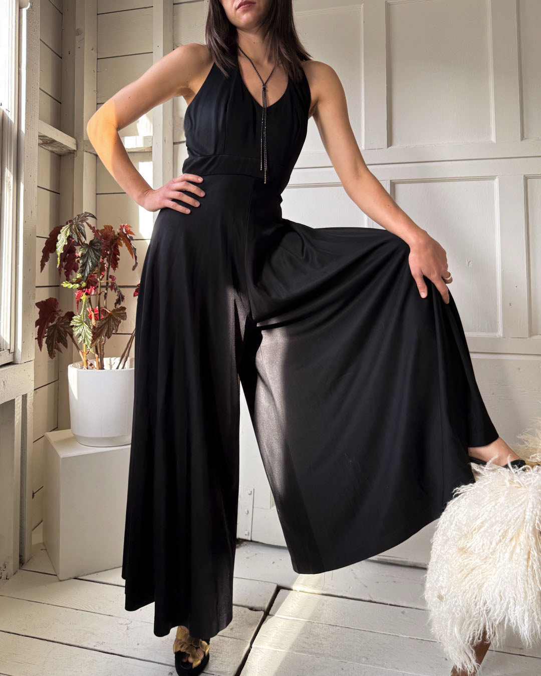 70s Black Palazzo Pant Jumpsuit | S