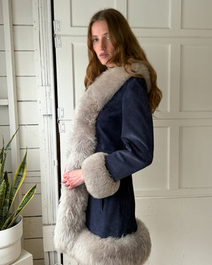 70s Blue Suede Fur Jacket | XS