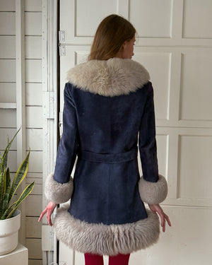 70s Blue Suede Fur Jacket | XS