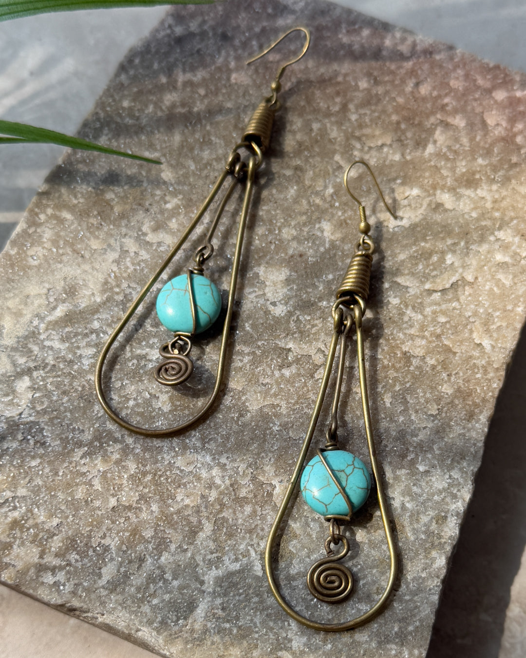 90s Brass Turquoise Drop Earrings