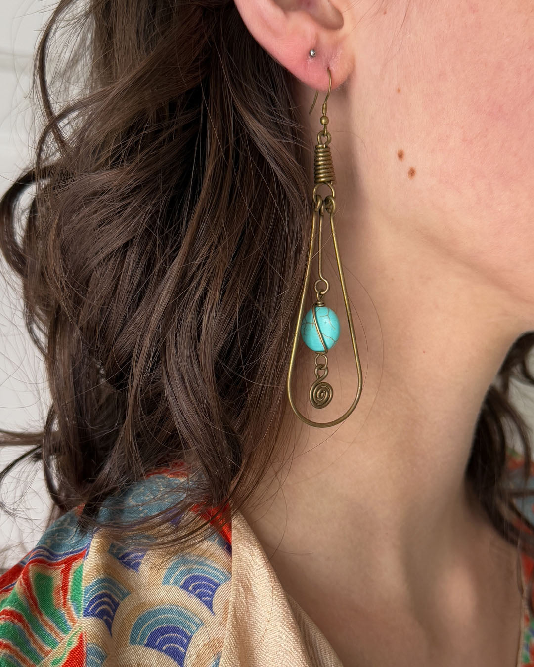 90s Brass Turquoise Drop Earrings