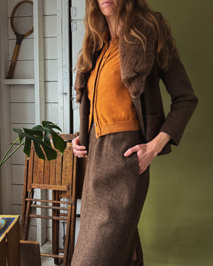 70s Fur Collar Wool Skirt Suit | M