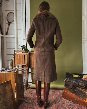 70s Fur Collar Wool Skirt Suit | M