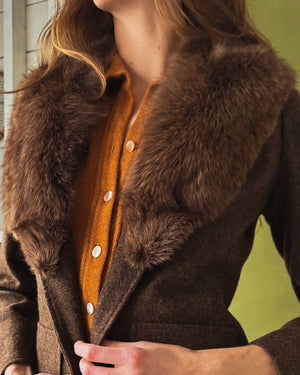 70s Fur Collar Wool Skirt Suit | M