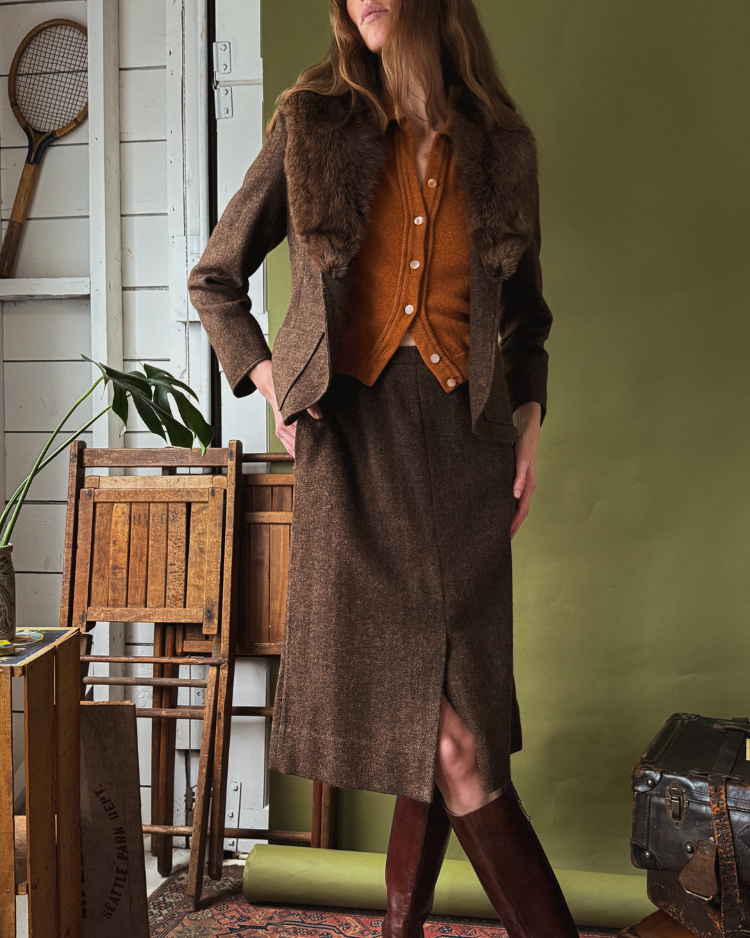 70s Fur Collar Wool Skirt Suit | M