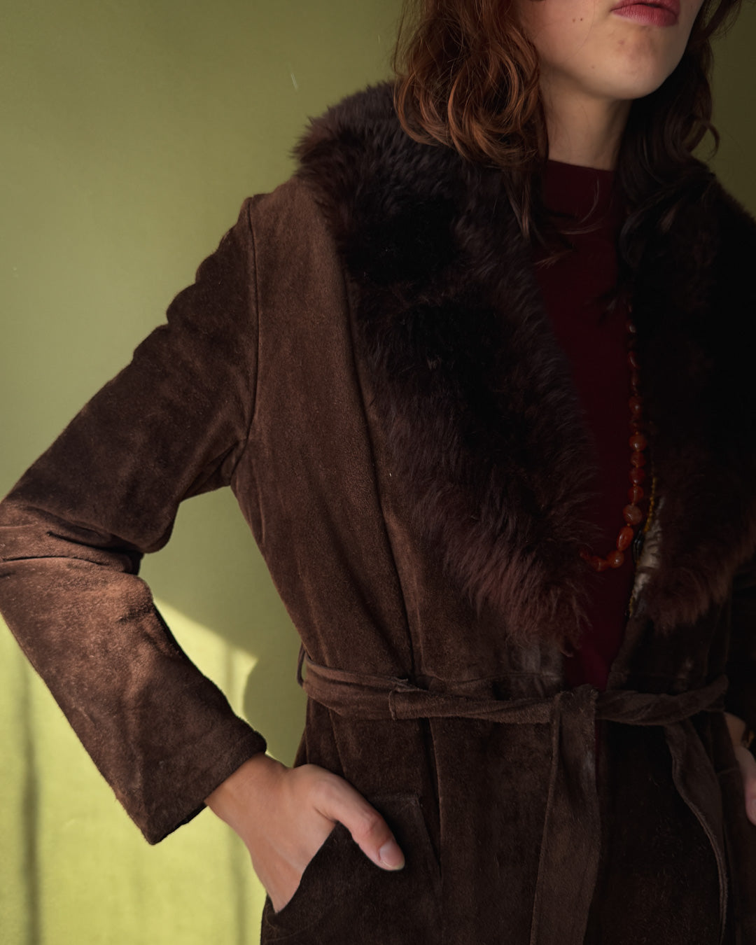 70s Belted Shearling Coat | S