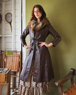 70s Fur Collar Leather Trench | S