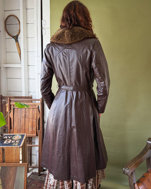 70s Fur Collar Leather Trench | S