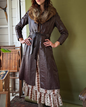 70s Fur Collar Leather Trench | S