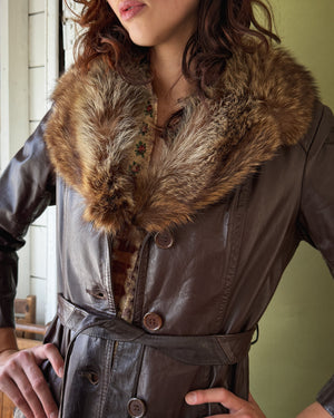 70s Fur Collar Leather Trench | S