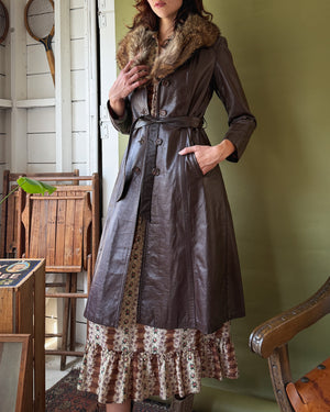70s Fur Collar Leather Trench | S