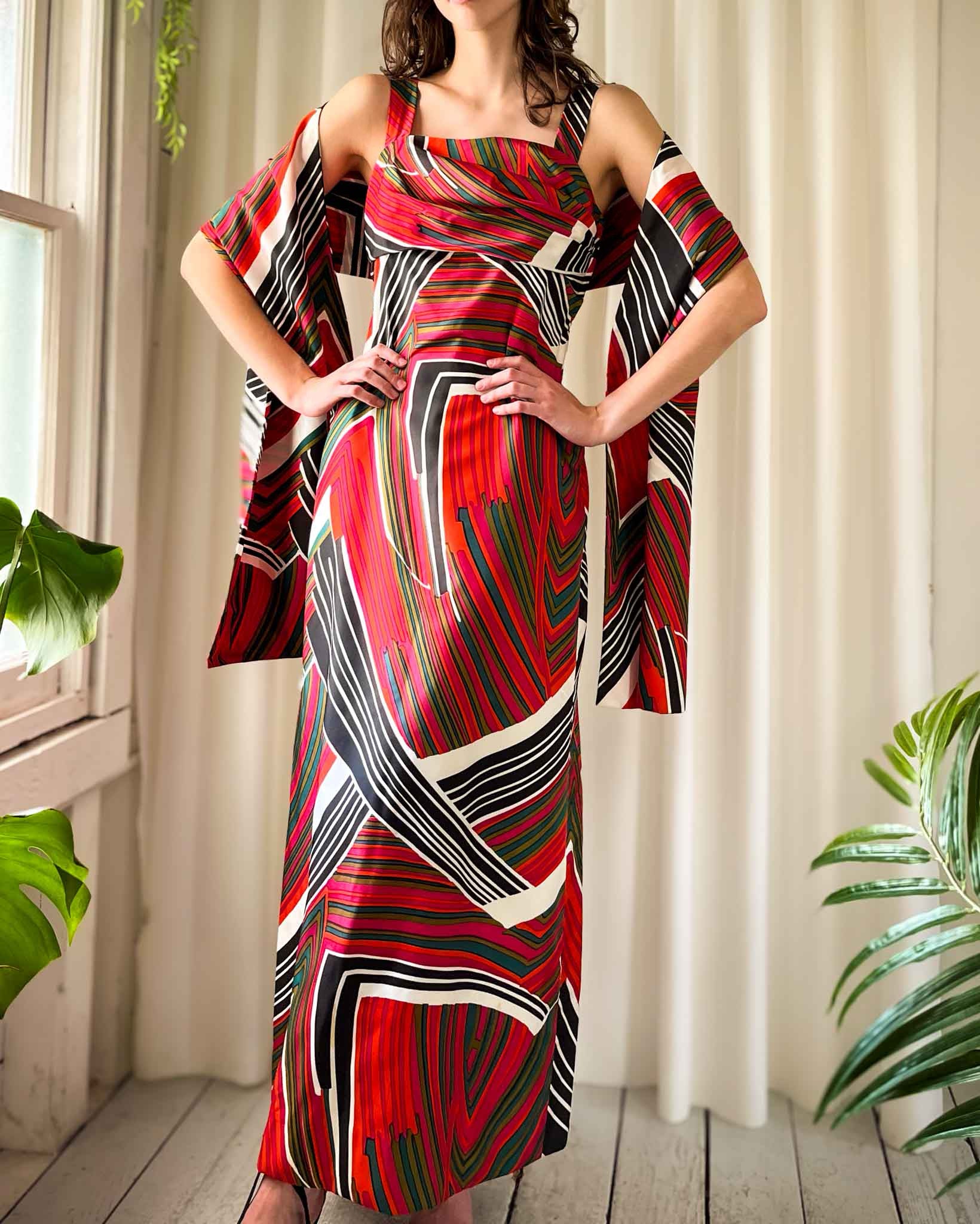 70s Psychedelic Dress & Shawl | S