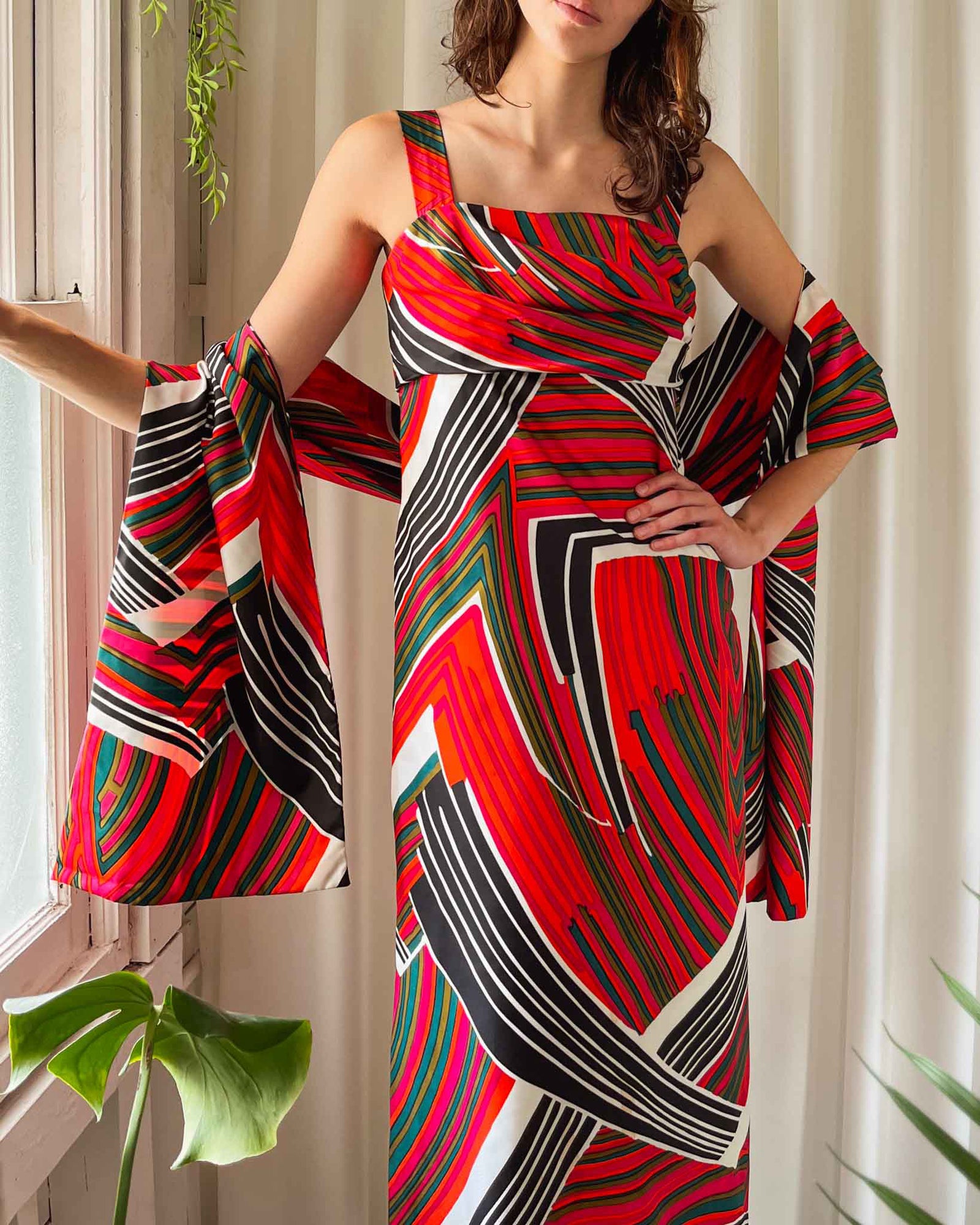 70s Psychedelic Dress & Shawl | S