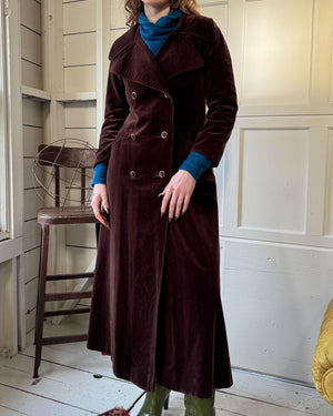 70s Brown Velvet Trench Coat | M