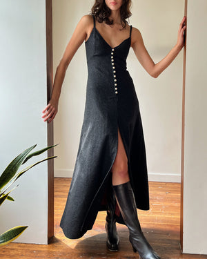 70s Charcoal Pearl Button Maxi Dress | S