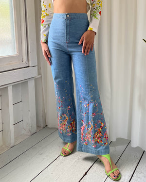 70s Embroidered Peacock Bellbottom Jeans