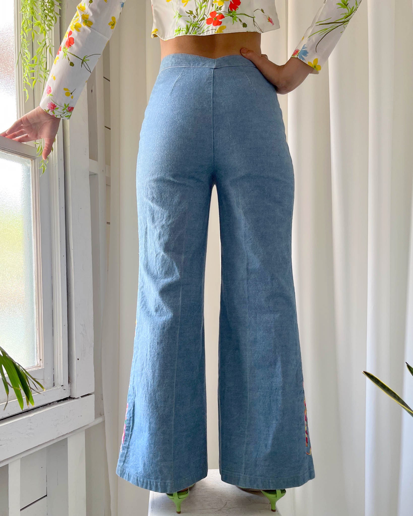 70s Embroidered Peacock Bellbottom Jeans - Lucky Vintage