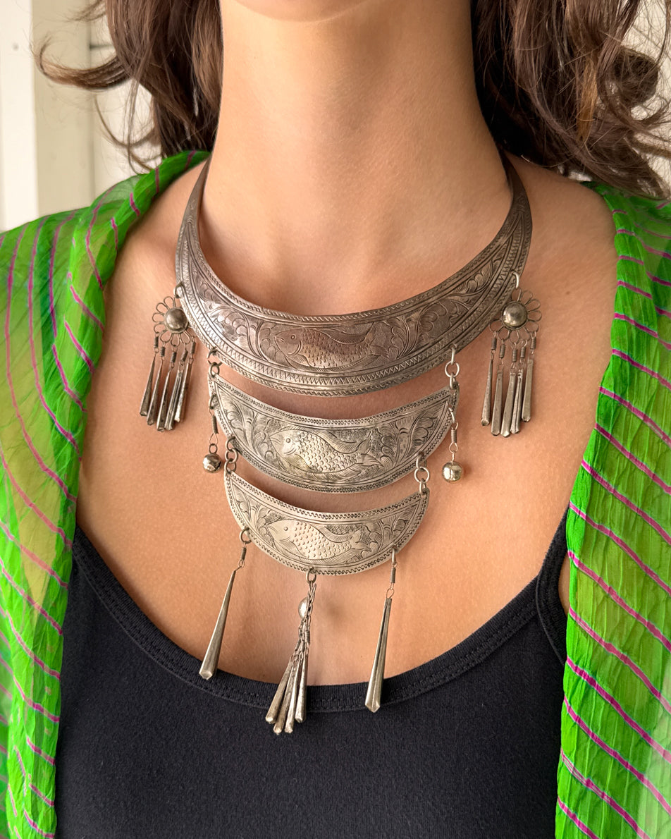 70s Etched Fish Hmong Necklace