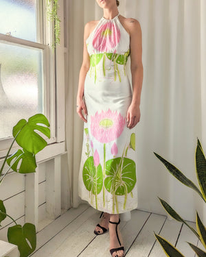 60s Lotus Flower Silk Maxi Dress